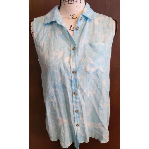 Time and tru blue button Womens Small sleeveless top blouse tie dye Linen blend - Picture 1 of 5